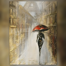 Diamond painting solitary walk in Parisian rain with red umbrella