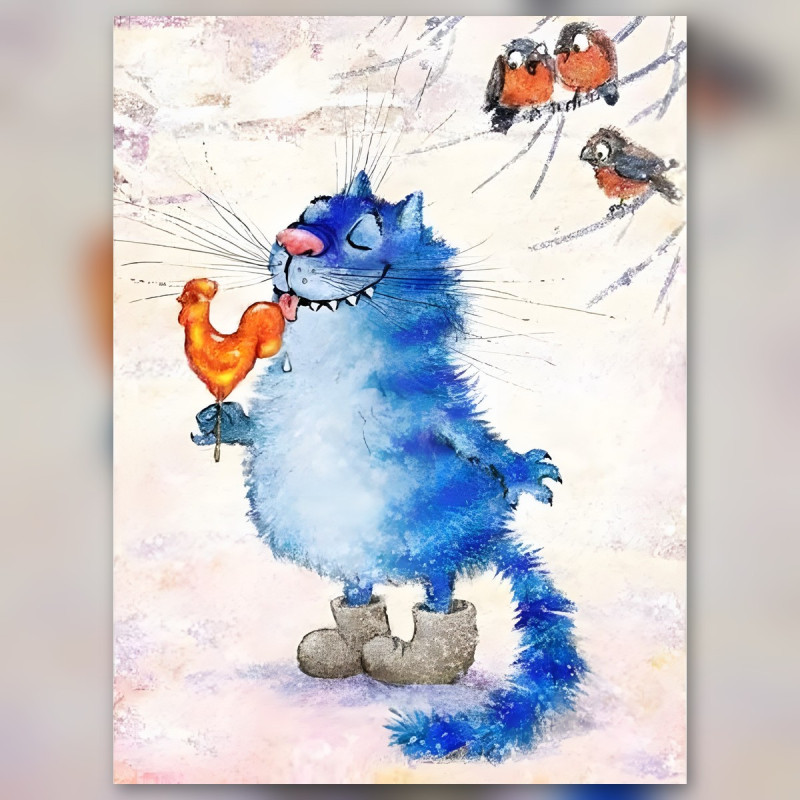 Chat bleu hiver tenant coq orange diamond painting strass brillants