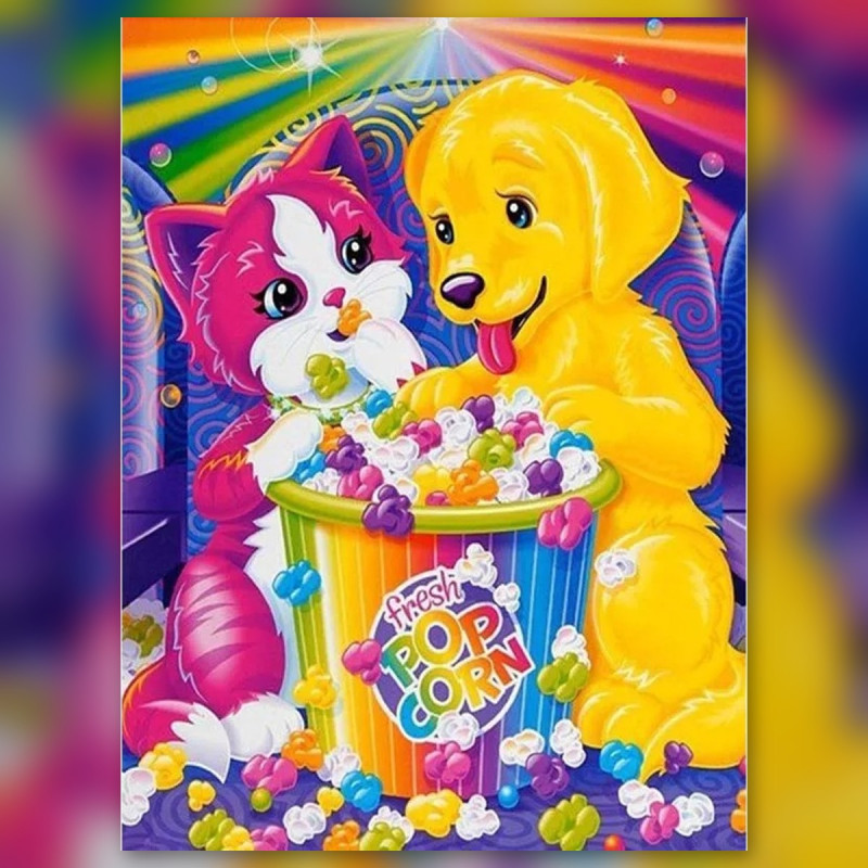 Chaton et chiot arc-en-ciel avec pop-corn diamond painting strass brillants