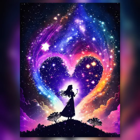 Frau Silhouette kosmisches Herz Galaxie Diamantmalerei glänzende Strasssteine