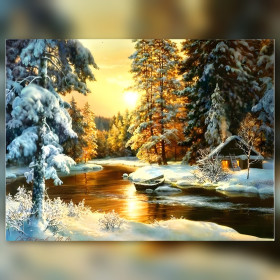 Diamond Painting verschneite Hütte bei Winterabend mit glitzernden Strasssteinen