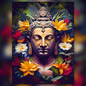 Serene Buddha surrounded by colorful tropical flowers in sparkling diamond painting kit