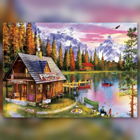 Diamond painting refuge automnal lac montagnes strass brillants