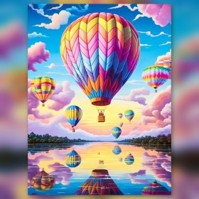 Colorful hot air balloons diamond painting over lake shiny rhinestones