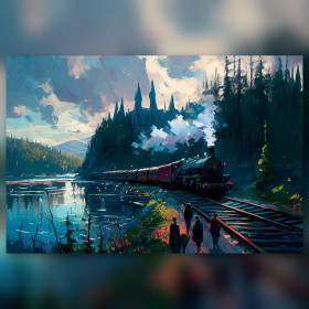 Hogwarts Express by the lake diamond painting kit with shiny rhinestones