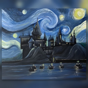 Diamond Painting Hogwarts unter wirbelndem Sternenhimmel mit glänzenden Strasssteinen