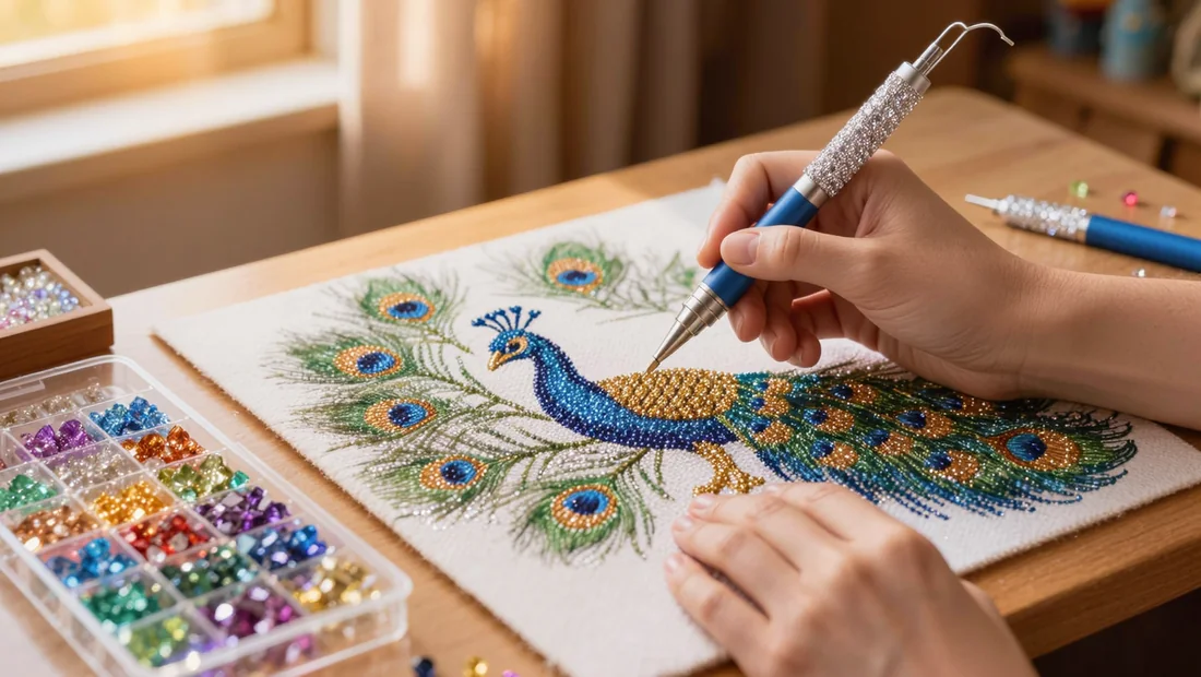 Mains plaçant un diamant sur une toile paon avec un stylet