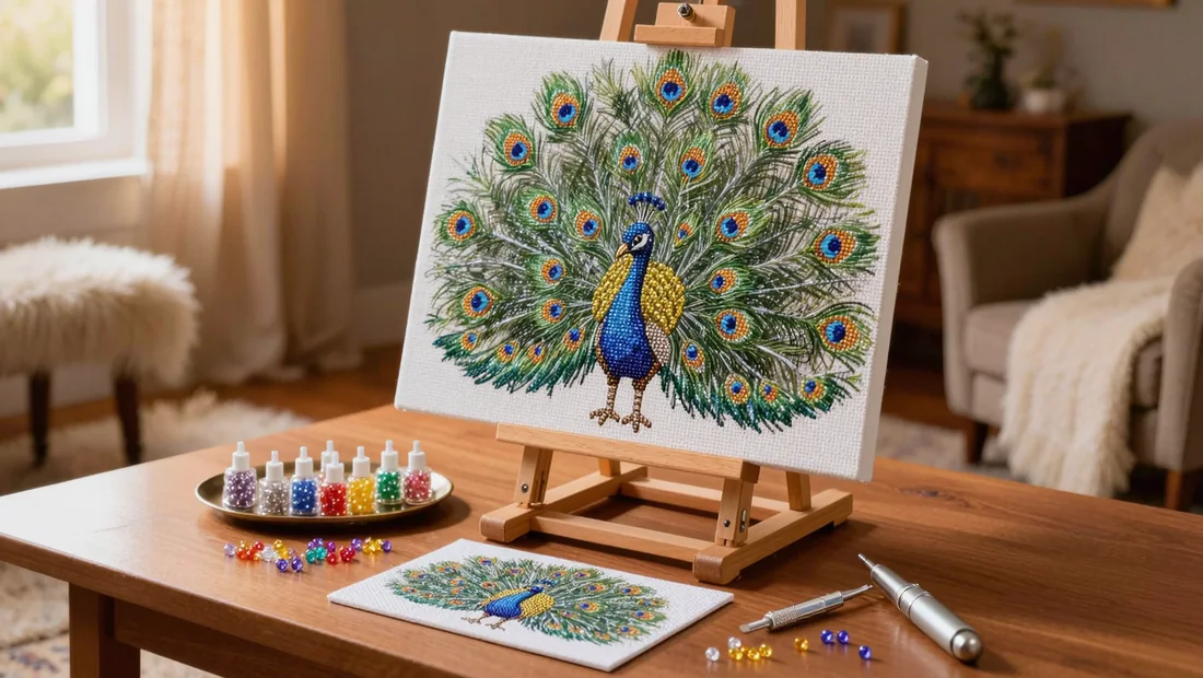 Broderie diamant paon terminée exposée sur un chevalet en bois