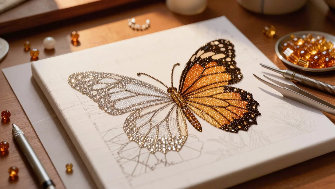 Détail d'une aile de papillon en diamants carrés sur toile de broderie diamant