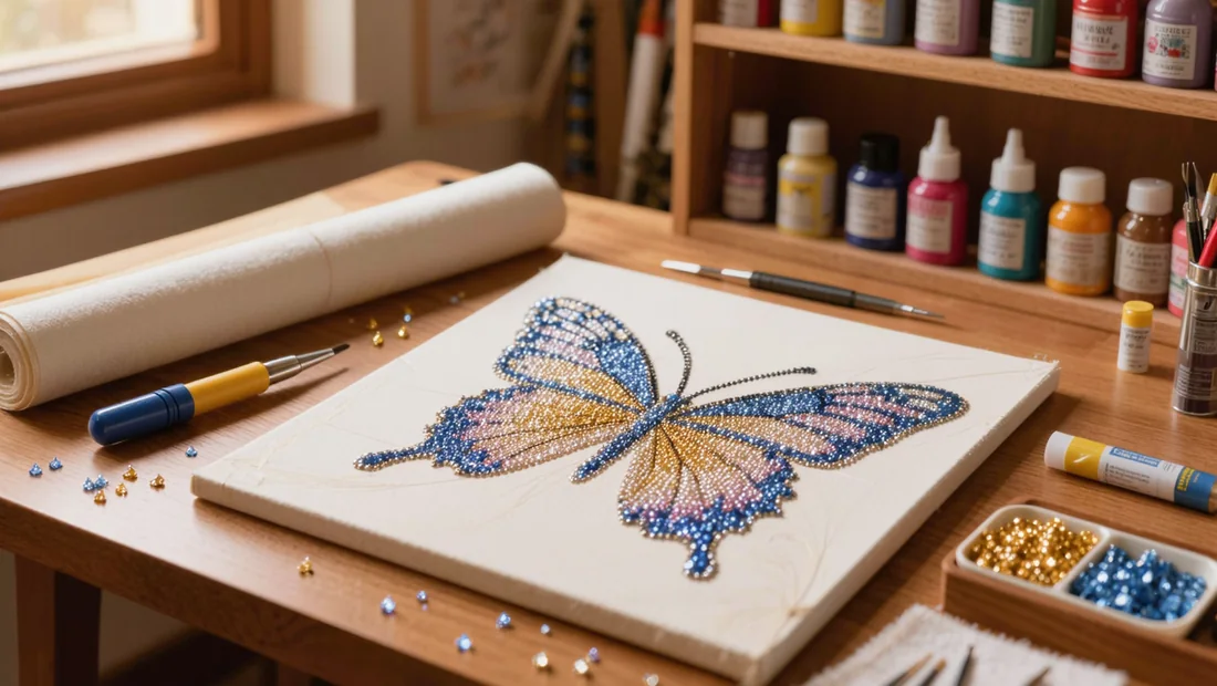 Accessoires essentiels pour broderie diamant papillon posés sur un bureau en bois