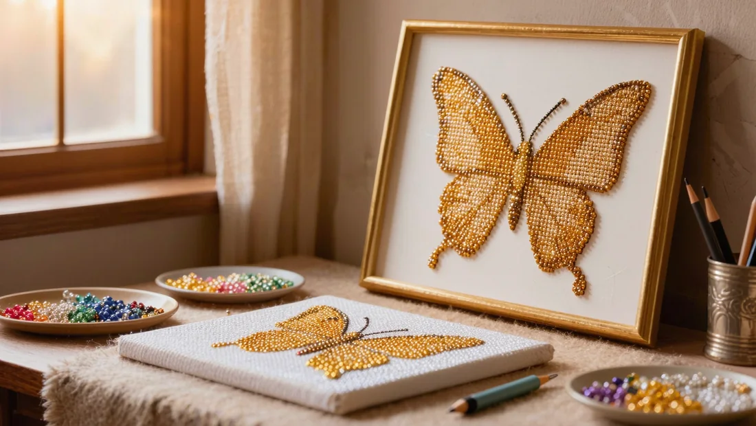 Broderie diamant papillon encadrée dans un cadre doré fin sur un mur clair