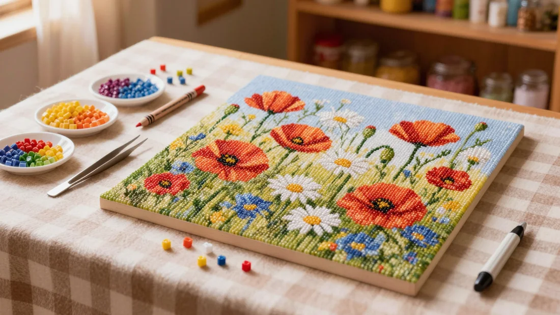 Wildflower diamond painting canvas with poppies and daisies and drills sorted by colour