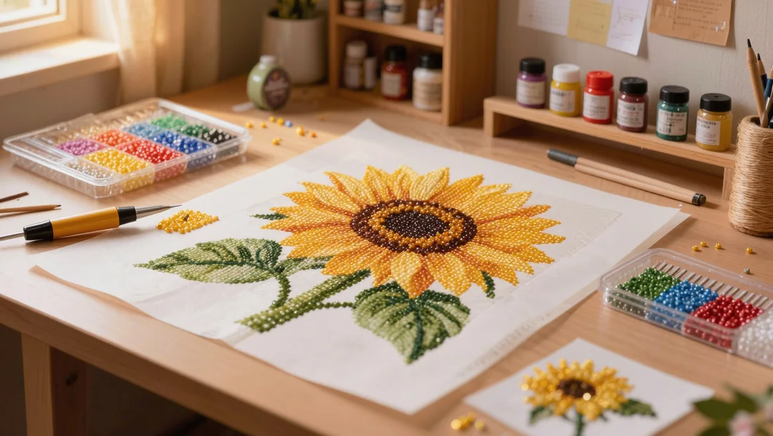 Placing a yellow drill with a pen on a sunflower diamond painting canvas, film peeled back on a small section