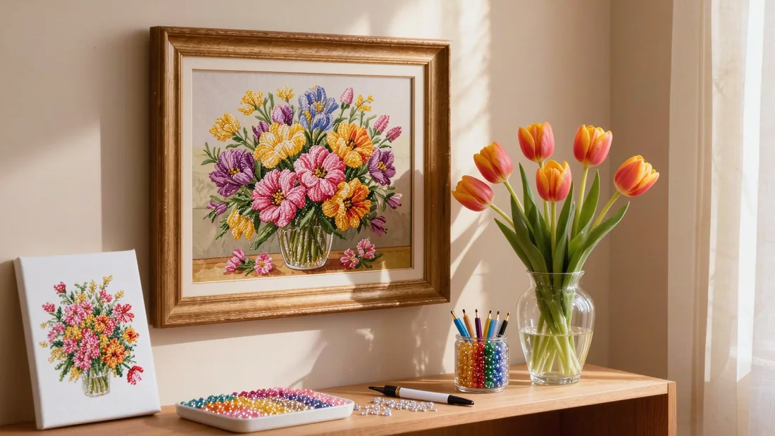 Framed diamond painting flowers showing a spring bouquet hung in a cosy interior