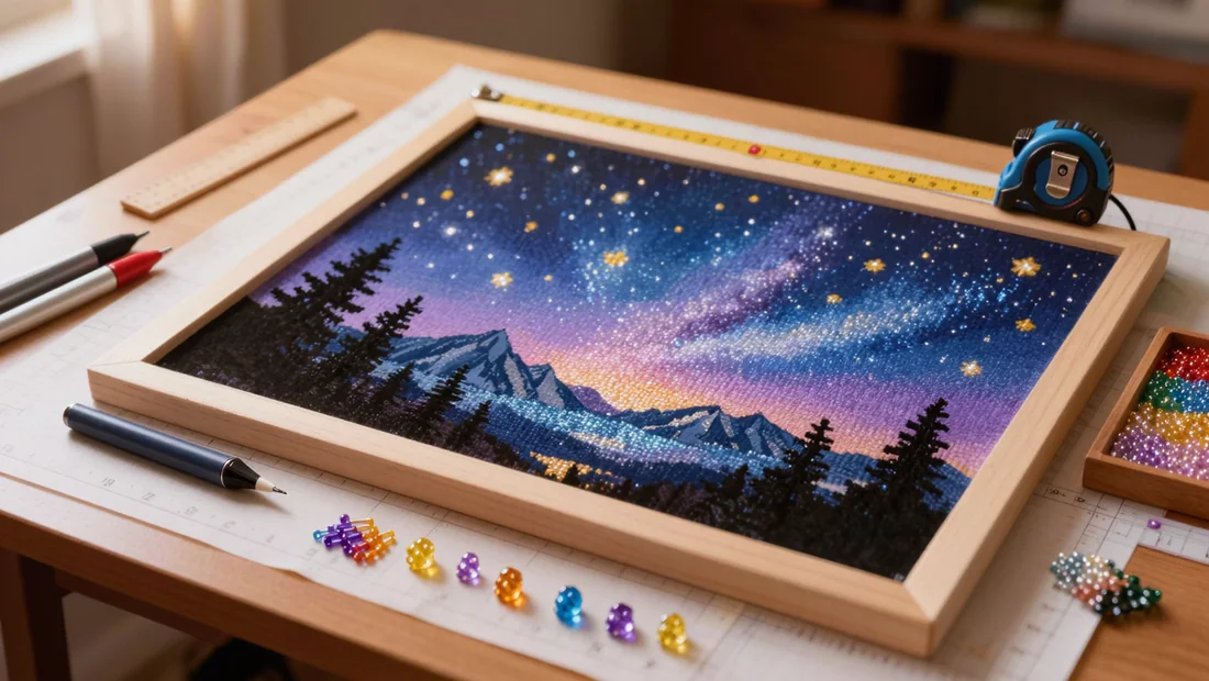 Mètre ruban posé sur une toile diamond painting tendue représentant un ciel étoilé et des montagnes