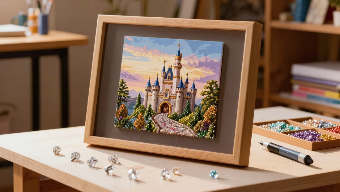 Caisse américaine en bois naturel avec une toile diamond painting d'un château magique et d'une forêt en cours d'insertion