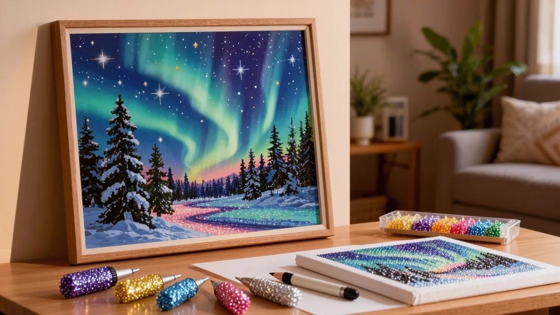 Diamond painting d'une aurore boréale au-dessus d'une forêt de pins encadré sans verre sur un mur de salon