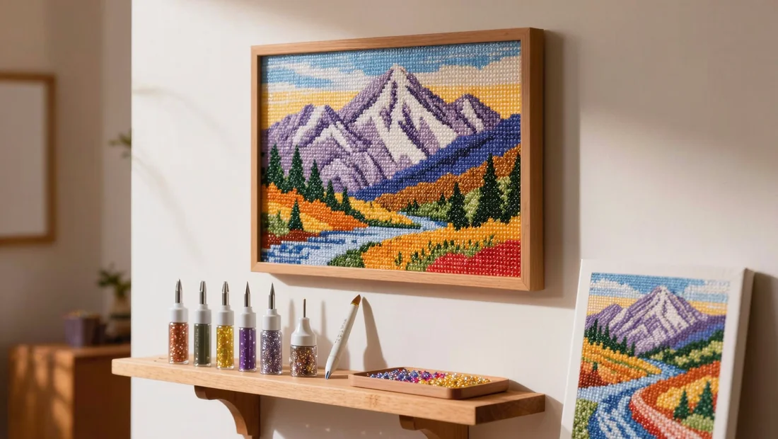 Diamond painting paysage de montagnes dans un cadre en bois sans verre accroché au mur