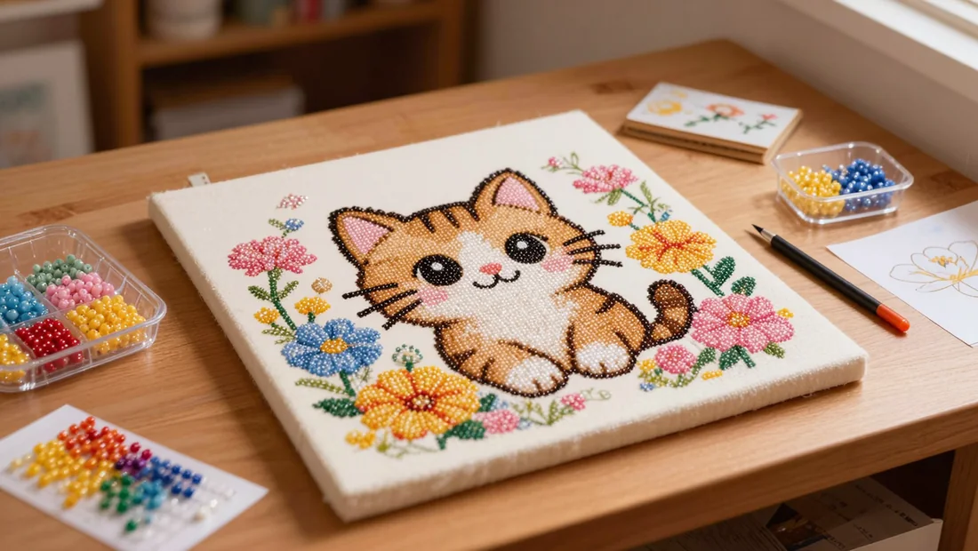 Diamond painting chaton cartoon avec fleurs, en cours de réalisation