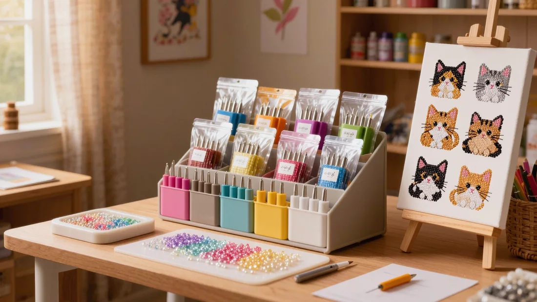 Espace de travail rangé pour diamond painting avec sachets de diamants et boîte de rangement