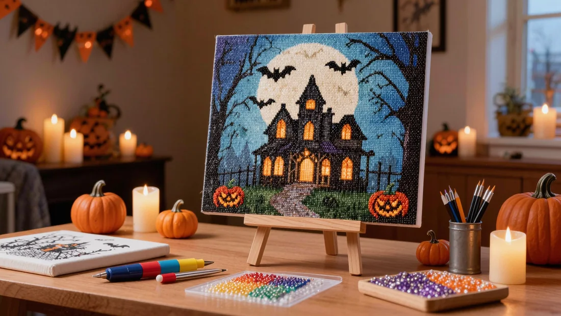 Diamond painting maison hantée encadré sur un chevalet pour la décoration d'Halloween