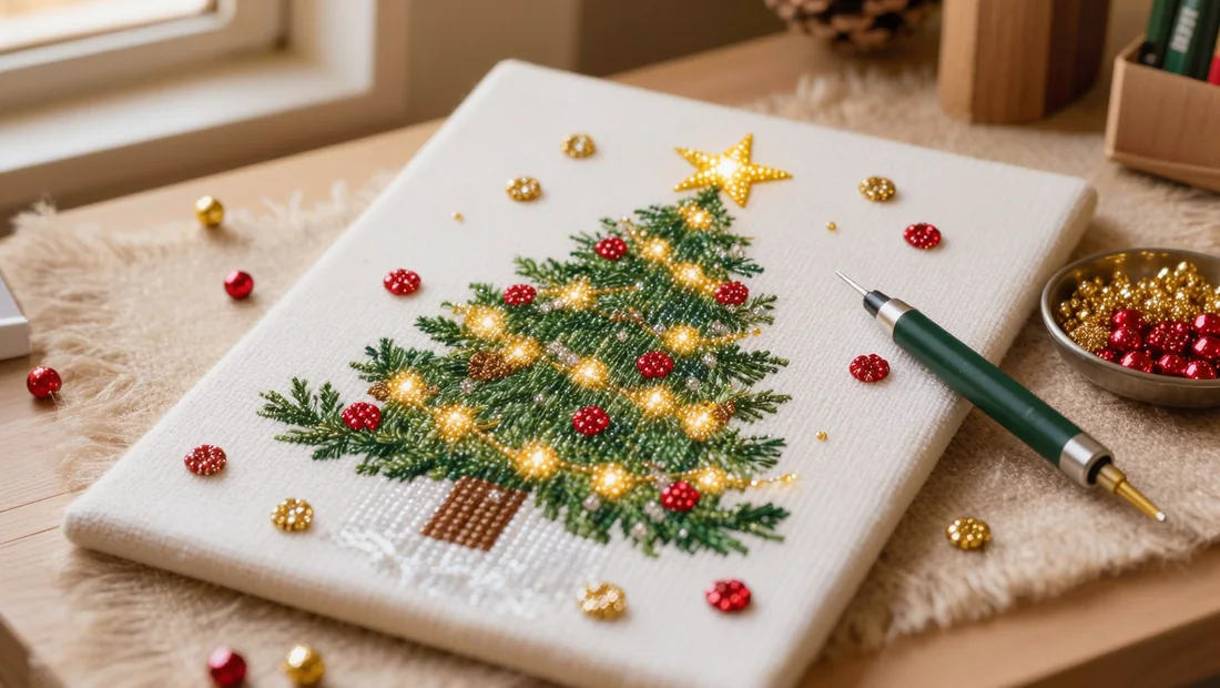 Gros plan sur une toile de diamond painting d'un sapin de Noël illuminé, diamants ronds en cours de pose