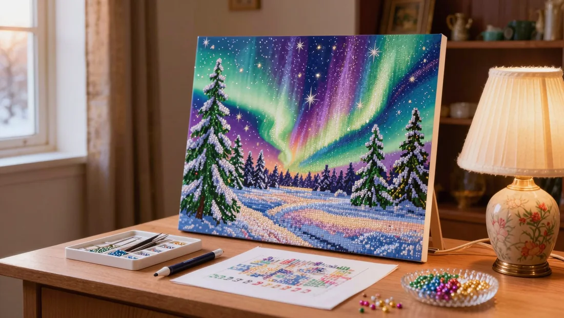 Toile de diamond painting d'une forêt enneigée sous une aurore boréale, accessoires de pose sur un bureau en bois