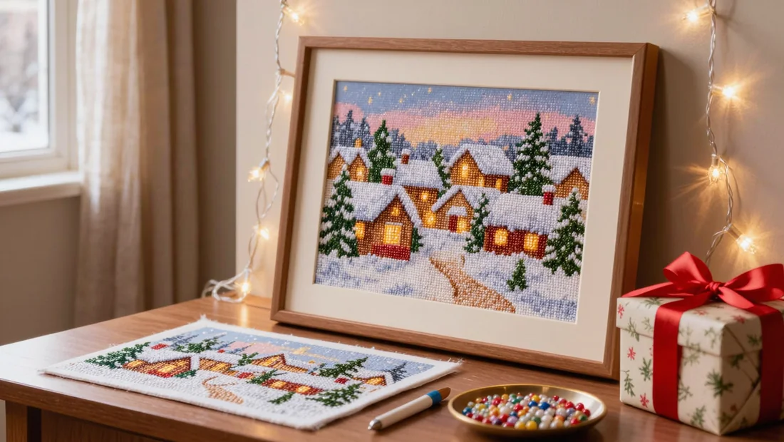 Diamond painting de Noël encadré dans un cadre en bois, posé près d'une guirlande lumineuse avec un cadeau emballé