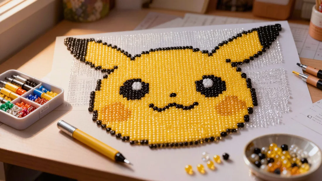 Gros plan sur une toile diamond painting Pokémon à moitié diamantée