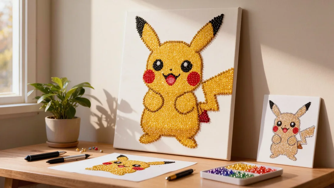 Diamond painting Pokémon terminé et accroché au mur dans un intérieur chaleureux