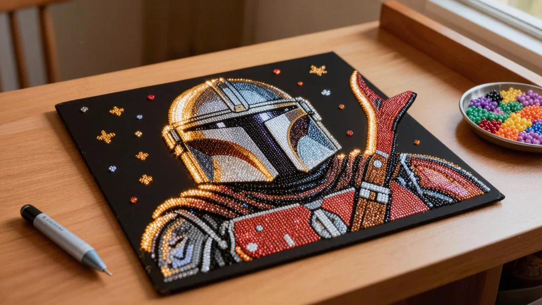 Détail d'un diamond painting Star Wars avec casque de Mandalorien en cours