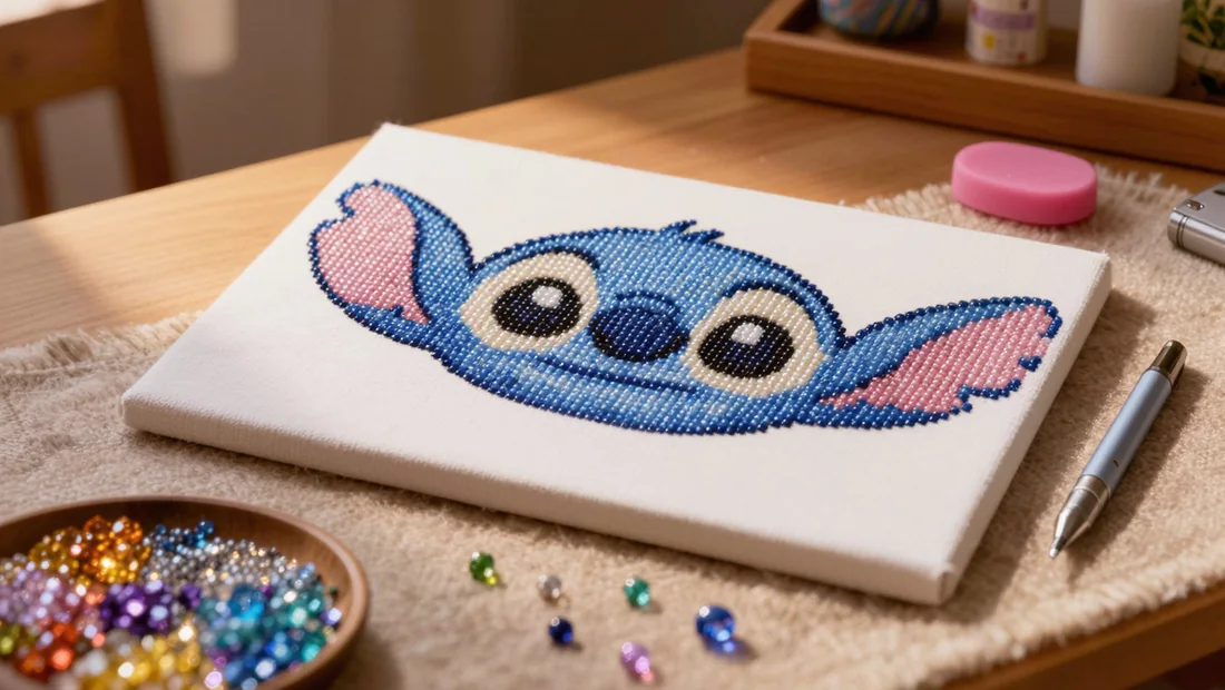 Gros plan sur le visage d'un diamond painting Stitch à moitié terminé