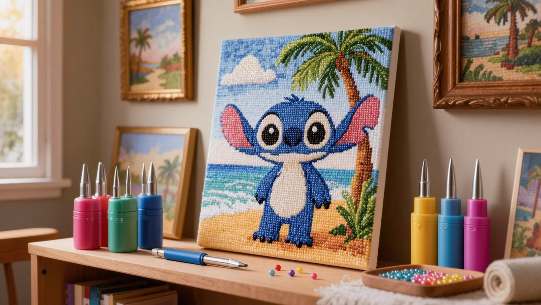 Diamond painting Stitch terminé posé sur une étagère en bois