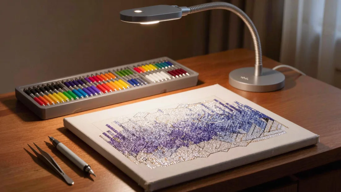 Diamond painting accessories arranged on a wooden desk with a canvas in progress