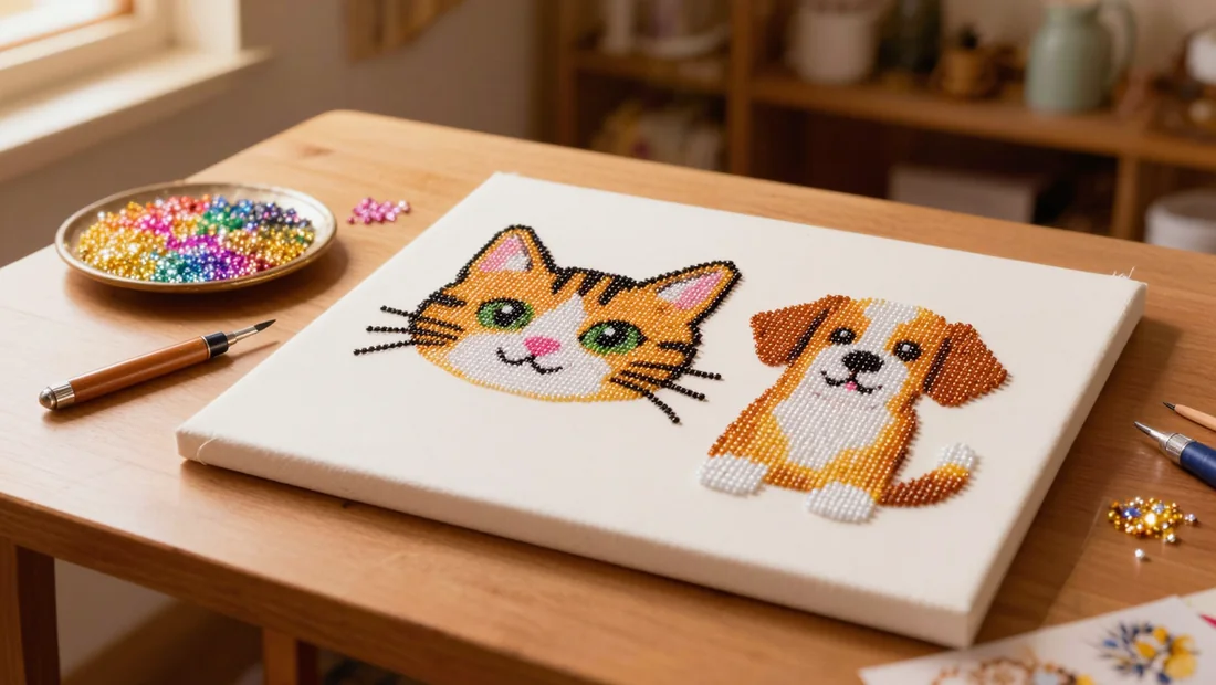 Gros plan sur une toile de broderie diamant avec un motif de chat et de chien, diamants scintillants et plateau