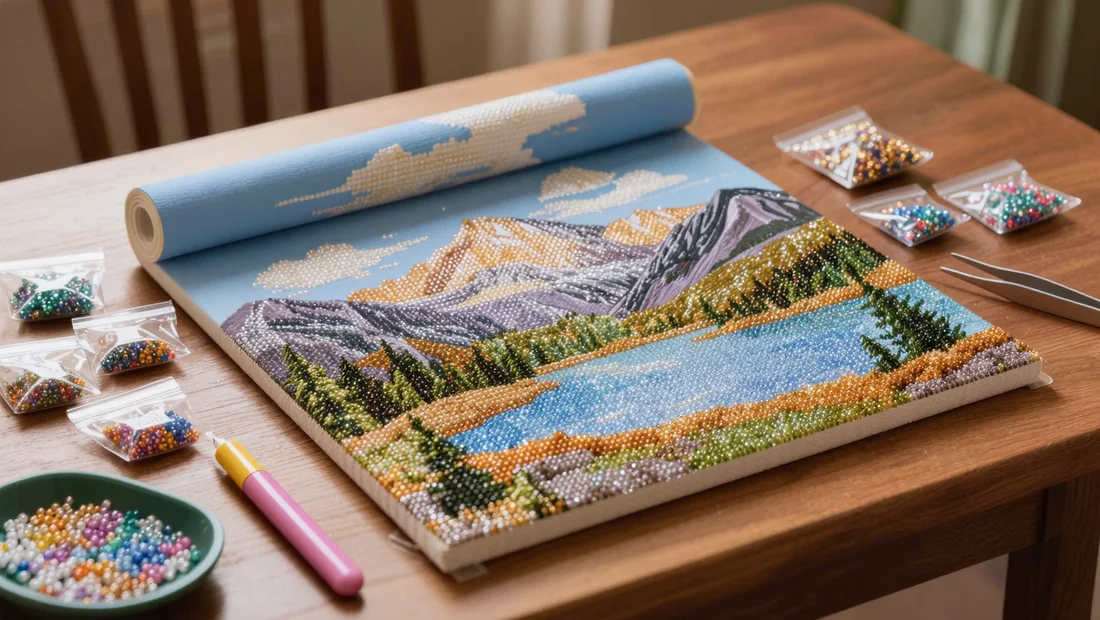Complete diamond painting kit voor beginners met berglandschap, genummerde zakjes, plateau en pen