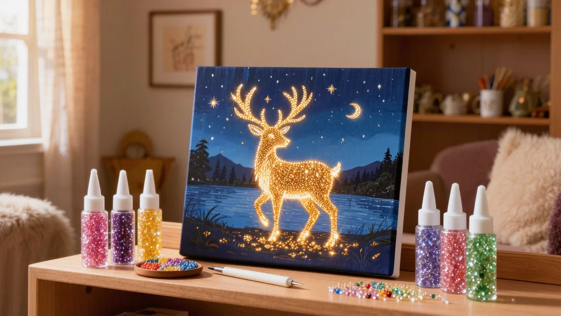 Afgerond diamond painting doek met een stralend hert onder een sterrenhemel, ingelijst op een plank