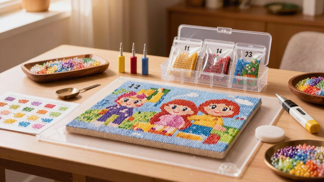 Sachets de diamants triés par numéro et légende de couleurs à côté d'une toile dessins animés en cours
