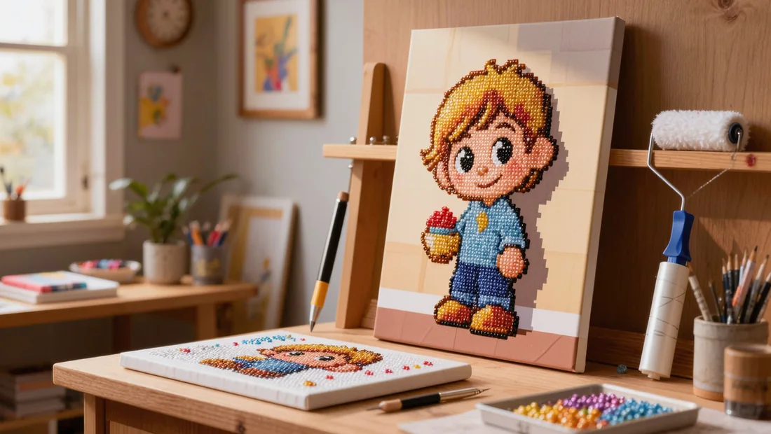 Diamond painting dessins animés terminé et film protecteur posé sur une étagère en bois