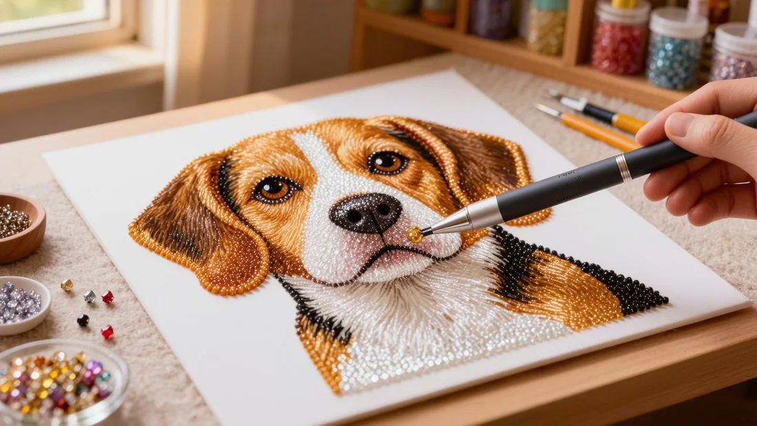 Gros plan sur une toile de peinture diamant d'un chien beagle avec des diamants en résine scintillants