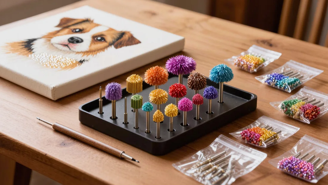 Accessoires de diamond painting disposés sur une table en bois avec des diamants triés par couleur