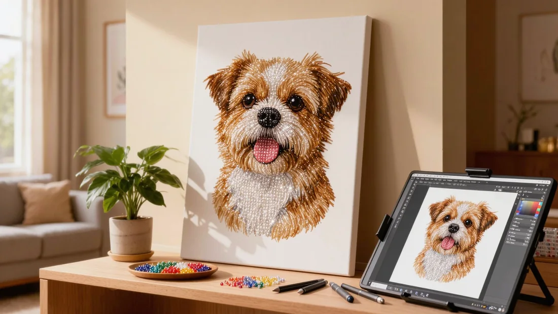 Toile de peinture diamant d'un chien encadrée et accrochée dans un salon lumineux