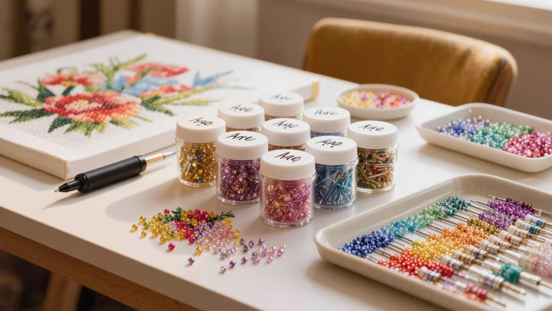 Flacons de perles diamond painting étiquetés par code couleur