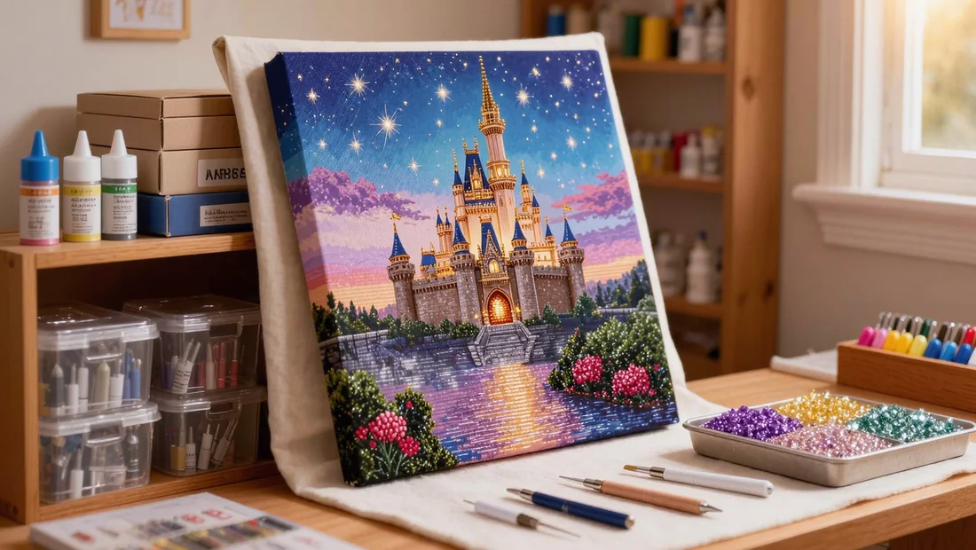 Toile diamond painting roulée et rangée sur une étagère avec les boîtes de perles