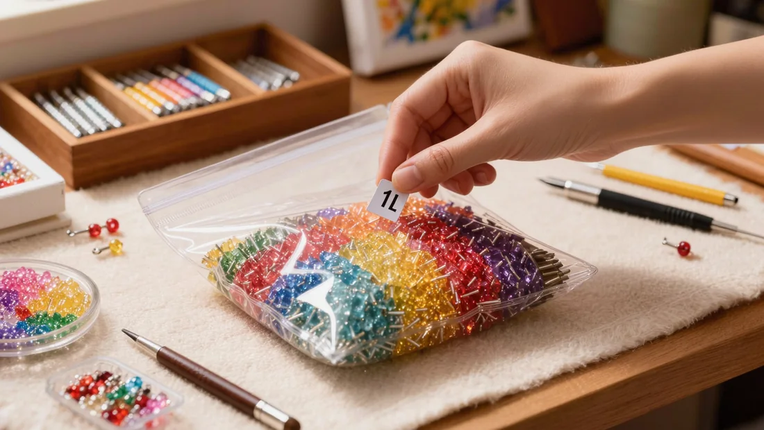 Étiquetage d'un sachet de diamants avec un numéro et une pastille de couleur