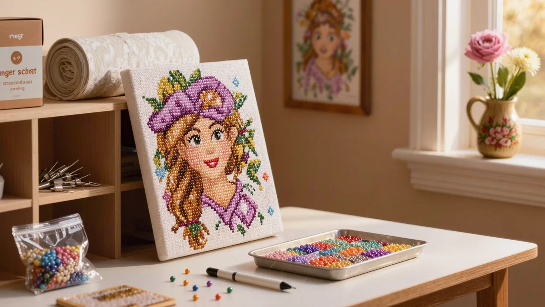 Toile en cours roulée et rangée verticalement avec sa boîte de diamants étiquetée