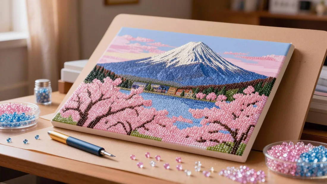Tableau diamant paysage japonais avec montagne et cerisiers