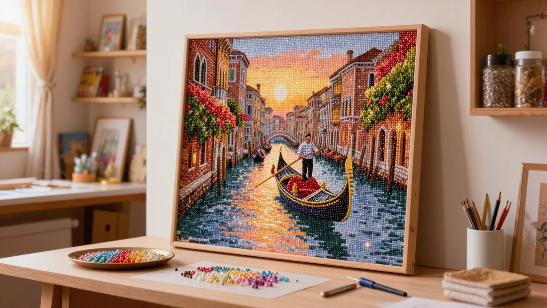 Toile diamond painting gondole terminée et encadrée dans un intérieur chaleureux