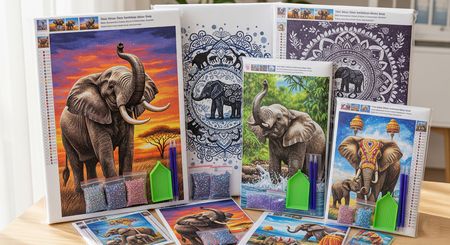 Collection de plusieurs kits de diamond painting sur le thème des éléphants.