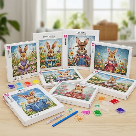 Collection de plusieurs kits de diamond painting sur le thème des lapins.
